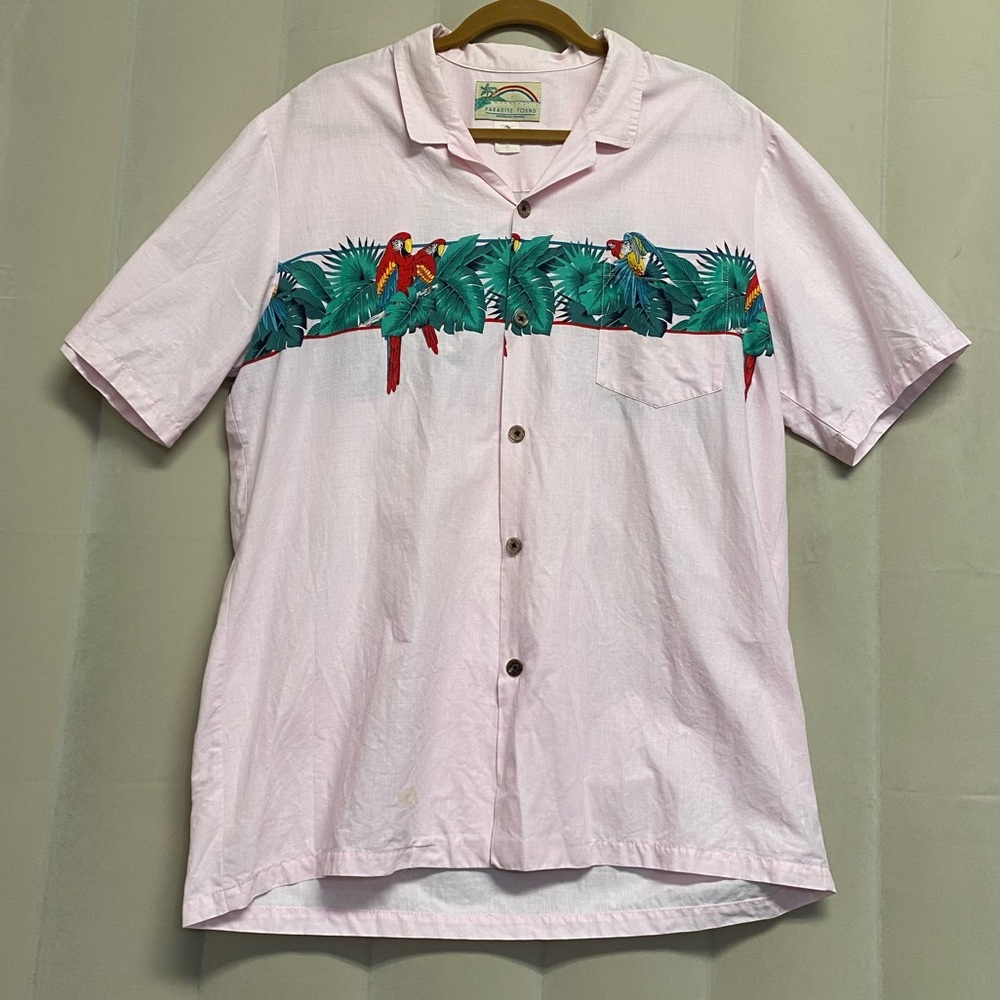 Vintage Paradise Found Men’s Hawaiian Shirt XL Button Up Parrots Pink Vacation